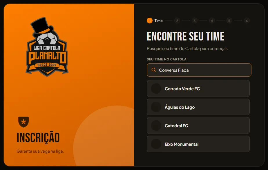 Tela de inscrição mostrando a busca de um time do Cartola