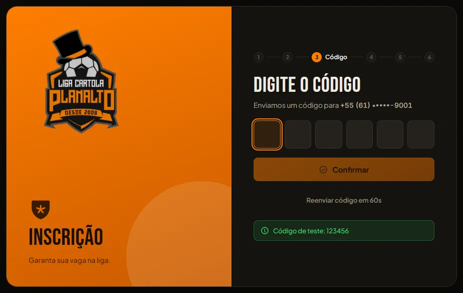Tela para confirmar o celular com um código enviado por SMS