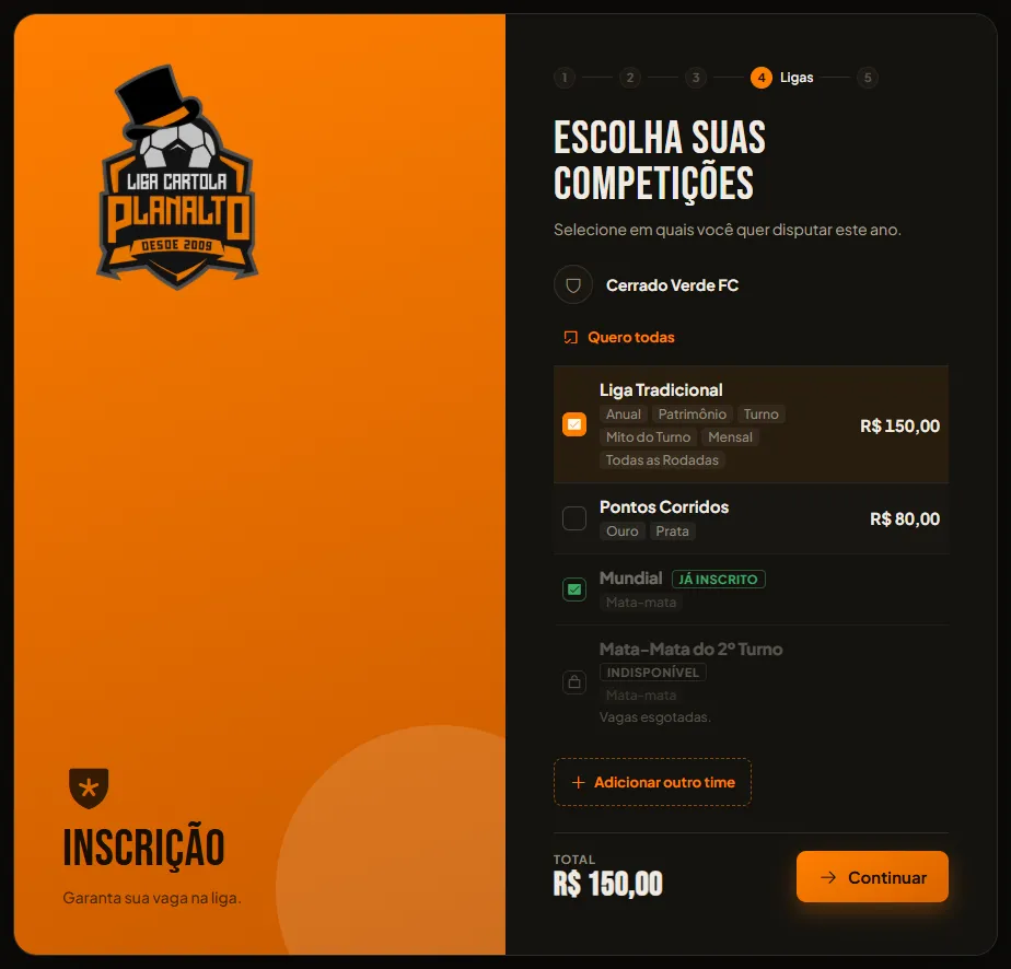 Tela com as competições disponíveis e o total da inscrição