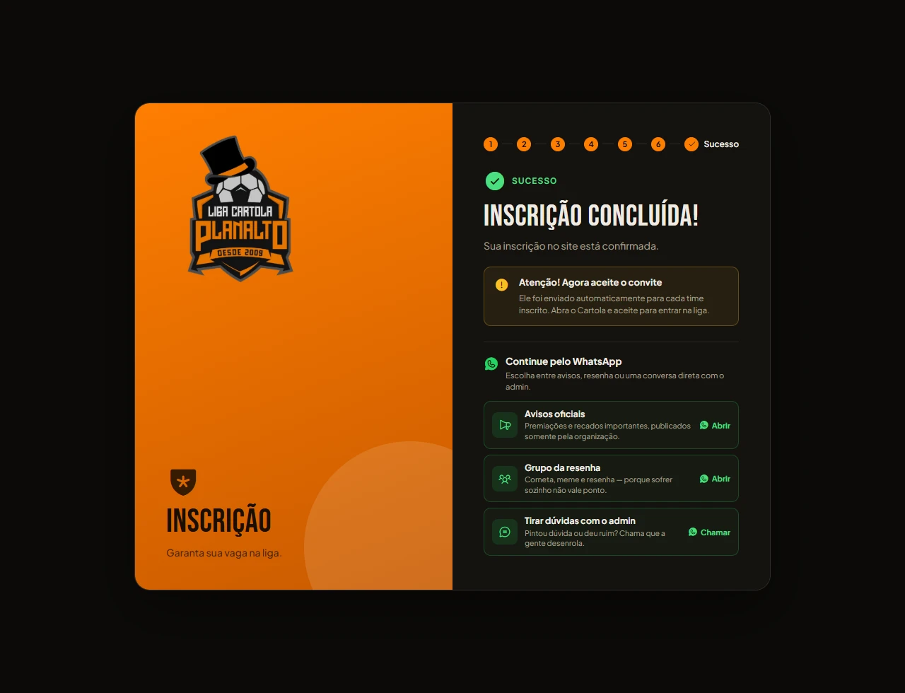 Tela de sucesso orientando o aceite do convite e exibindo três cards do WhatsApp