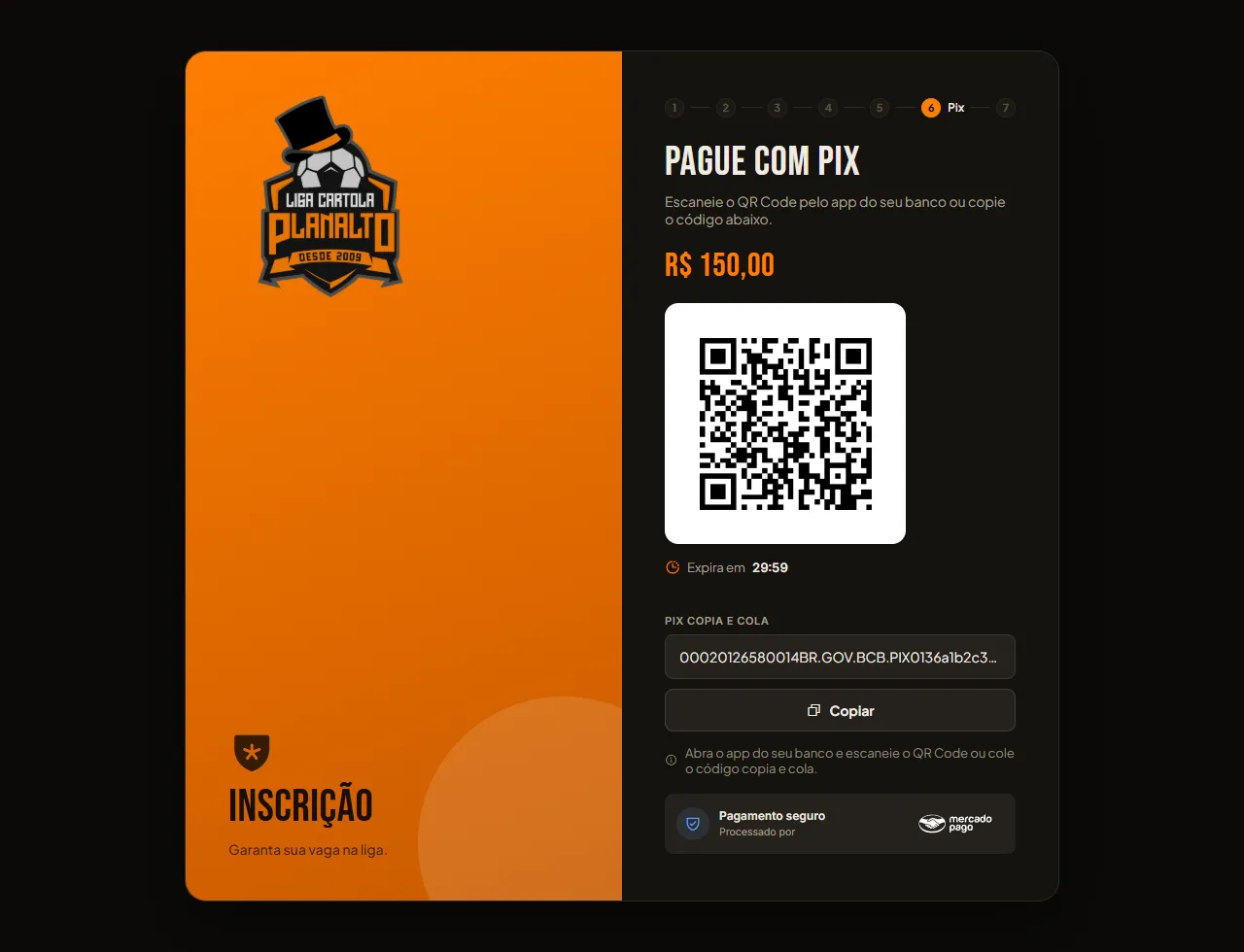 Tela de pagamento com valor, QR Code e Pix copia e cola